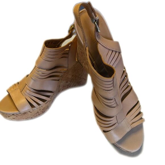 Franco Sarto Shoes - Franco Sarto nude strappy sandals, leather upper, 4.5" wedge heel, 9